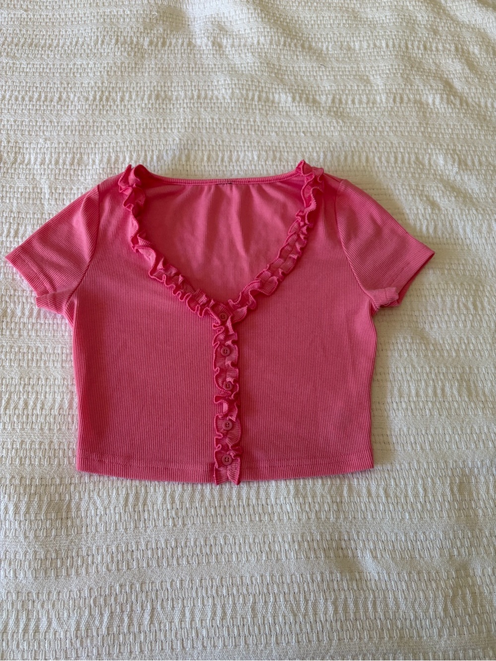 Pink Ruffle Trim Ribbed Crop Top